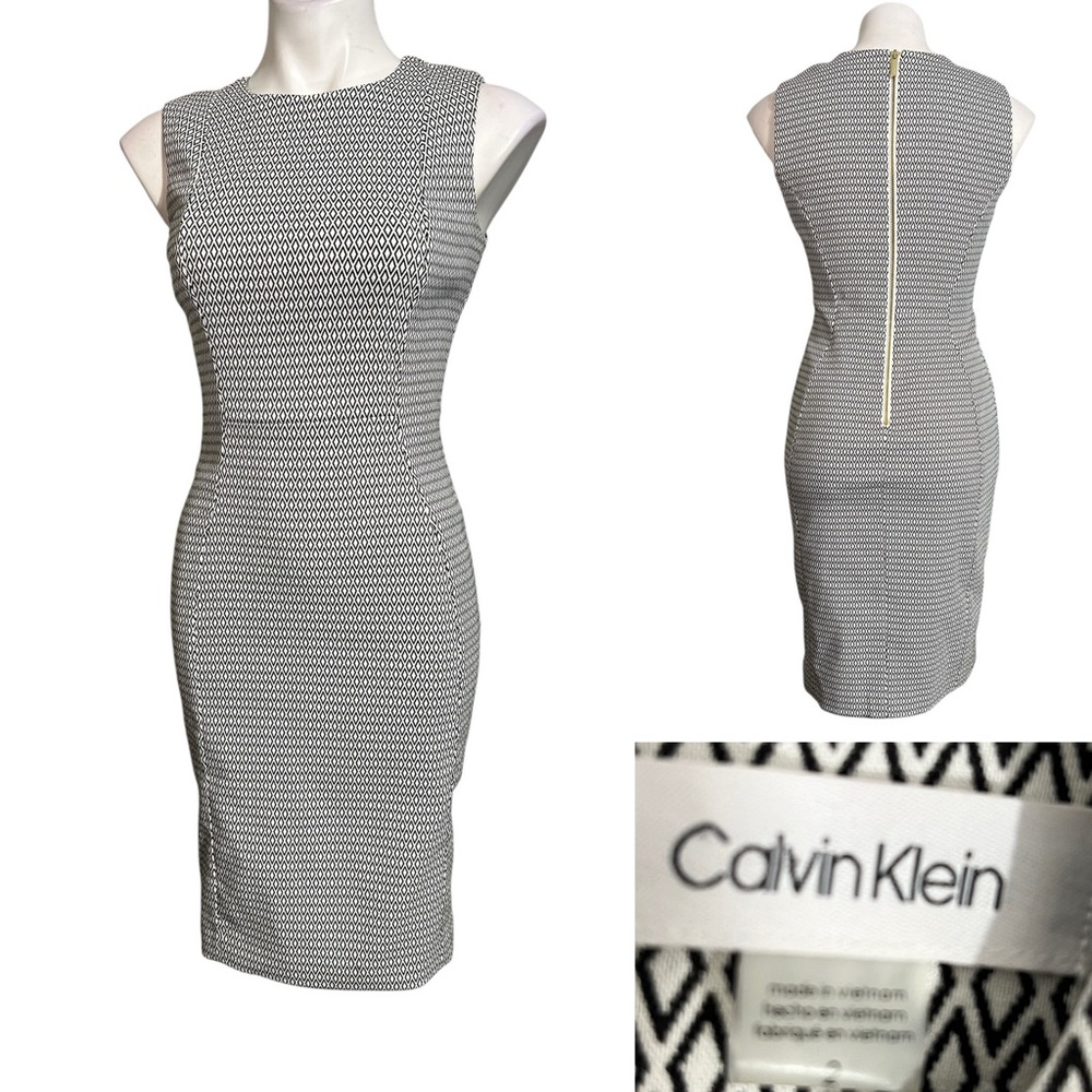 Calvin Klein dress sz 2 Black/White stretch sleeveless‎ knee length office